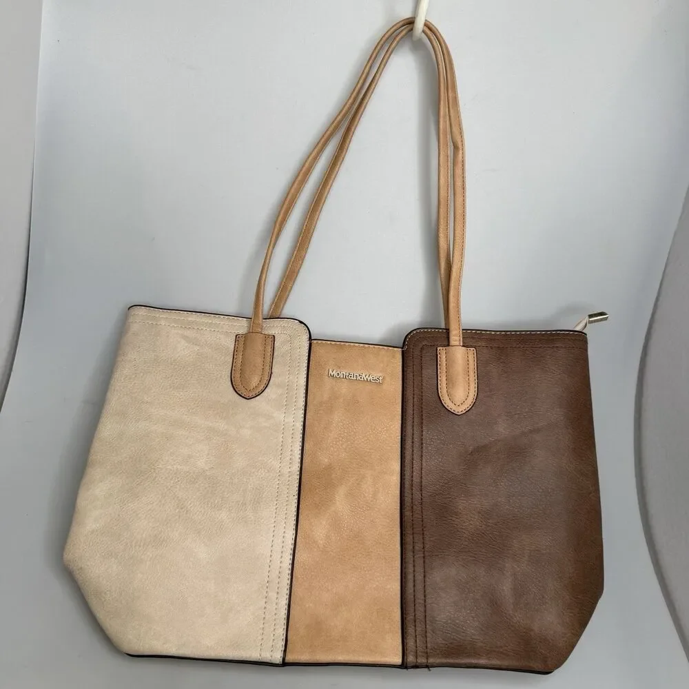 Montana West Tri-Color Cream Tan Brown Tote Vegan Leather Purse Zip Close Studde